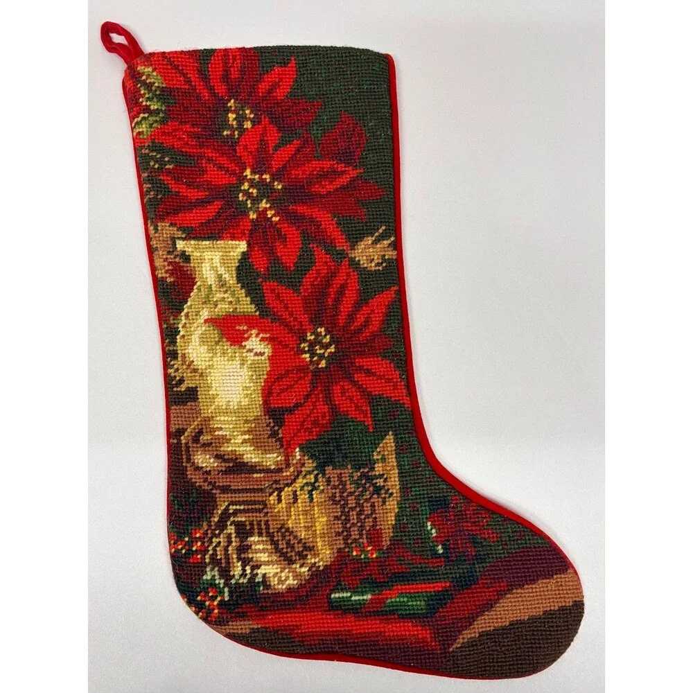 Vtg Wool Needle Point Christmas Stocking Red Velvet Poinsettias Oil Lamp